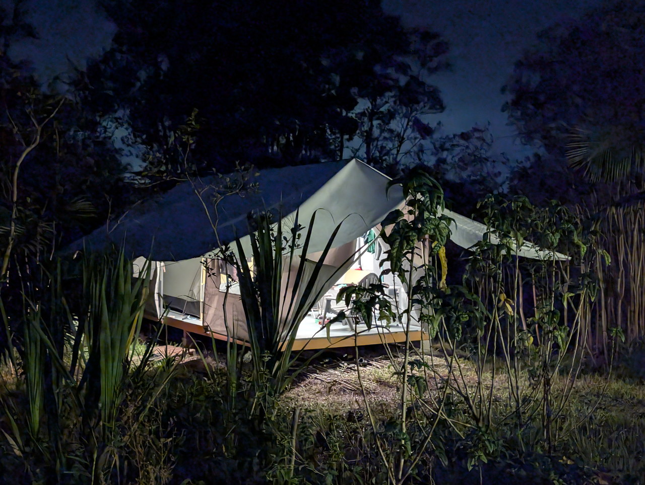 camp under tarp and jungle canopy